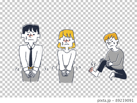 体の痒みで悩まされている人々のセット　コミカルな手書きの人物　ベクター、温かみのある線画 89219091