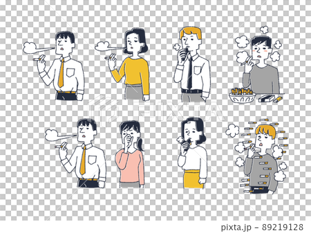 喫煙に関するイラストセット　コミカルな手書きの人物　ベクター、温かみのある線画 89219128