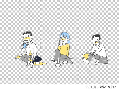 アルコールを大量に飲む人のセット　コミカルな手書きの人物　ベクター、温かみのある線画 89219142