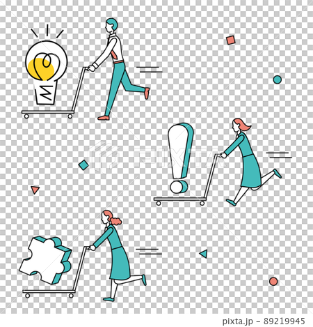 Male and female business people carrying ideas and surprises on a dolly Male and female business people carrying ideas and surprises on a dolly 89219945