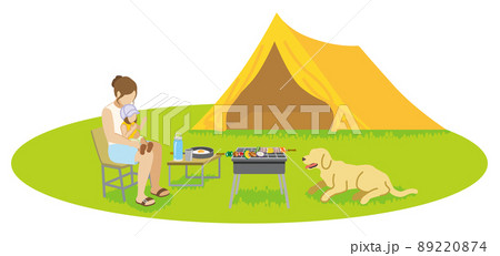 キャンプを楽しむ若い母親と娘と犬 夏のイラスト素材 2874