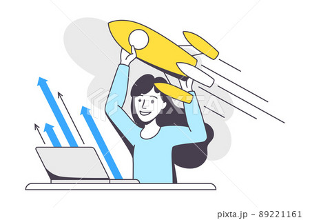 Business Project with Woman Character with Laptop and Rocket Launch Working with Startup Outline Vector Illustration 89221161