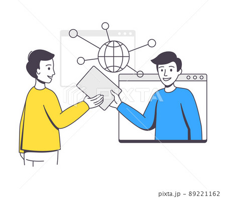 Business Project with Man Character in Web Screen Working with Startup Outline Vector Illustration 89221162