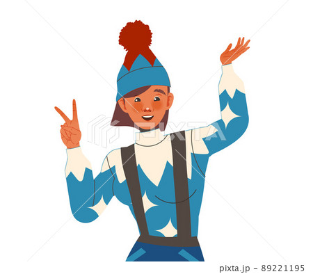 Positive Woman Character in Winter Hat with Smiling Face Feeling Euphoric and in High Spirits Showing V Sign Hand Gesture Vector Illustration Positive Woman Character in Winter Hat with Smiling Face Feeling Euphoric and in High Spirits Showing V Sign Hand Gesture Vector Illustration 89221195