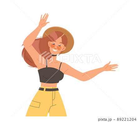 Positive Woman Character in Straw Hat and Tank Top with Smiling Face Feeling Euphoric Vector Illustration Positive Woman Character in Straw Hat and Tank Top with Smiling Face Feeling Euphoric Vector Illustration 89221204