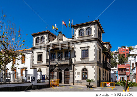 Teror at Gran Canaria, Spain. A beautiful traditional town with colorful houses with wooden balconies 89221856