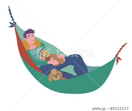 愛犬とキャンプ活動や野外でハンモックを楽しむ人のイラスト素材