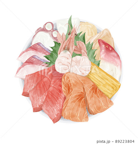 上から見た海鮮丼の手描き水彩風イラスト 89223804