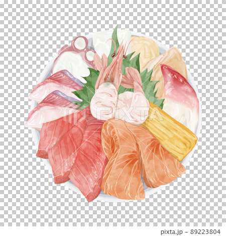 上から見た海鮮丼の手描き水彩風イラスト 89223804