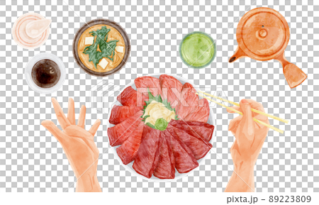 Hand-painted watercolor style illustration of seafood bowl seen from above 89223809