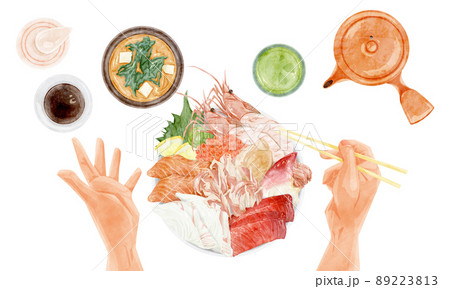 上から見た海鮮丼の手描き水彩風イラスト 上から見た海鮮丼の手描き水彩風イラスト 89223813
