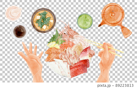 上から見た海鮮丼の手描き水彩風イラスト 上から見た海鮮丼の手描き水彩風イラスト 89223813
