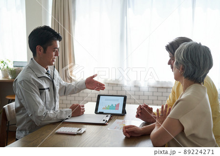 作業服の男性と話をする年配の夫婦 作業服の男性と話をする年配の夫婦 89224271