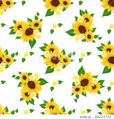 Seamless pattern with yellow sunflowers, white daisy and green leaves on background. Print with element of nature, chamomile, plant for decoration and design. Vector flat illustration 89224772