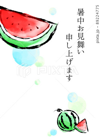 すいかと淡い丸が描かれた暑中見舞い　文字あり（はがきサイズ　タテ） 89224775