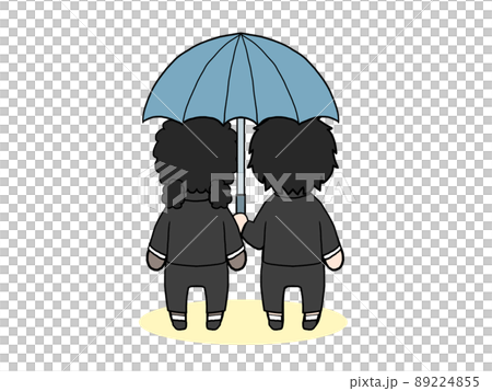 相合傘をするスーツ姿の男女の後ろ姿のイラスト(日本人男性と黒人女性) 相合傘をするスーツ姿の男女の後ろ姿のイラスト(日本人男性と黒人女性) 89224855
