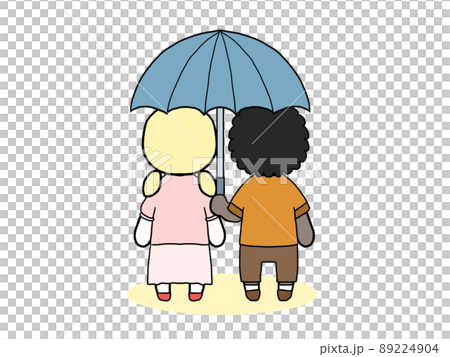 相合傘をする私服の男女の後ろ姿のイラスト（黒人男性と白人女性） 89224904