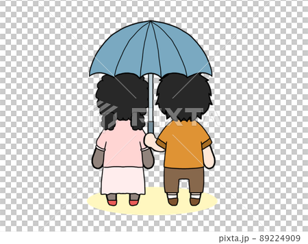 Illustrations of the backs of men and women in plain clothes wearing a pair of umbrellas (Japanese men and black women) Illustrations of the backs of men and women in plain clothes wearing a pair of umbrellas (Japanese men and black women) 89224909