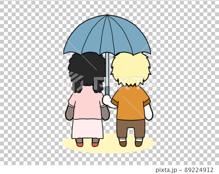 相合傘をする私服の男女の後ろ姿のイラスト（白人男性と黒人女性） 89224912