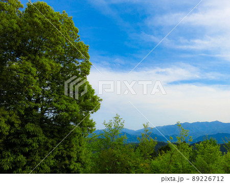 快晴の青空と新緑の山脈 リラクゼーション癒しの初夏イメージ背景素材