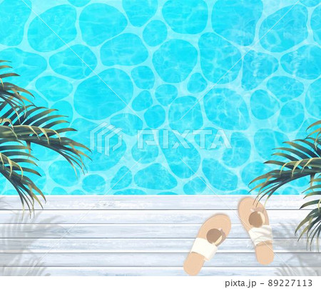 エメラルドグリーンの美しい海と白いウッドデッキの上にヤシの木とサンダルのある涼しげな夏の背景素材のイラスト素材