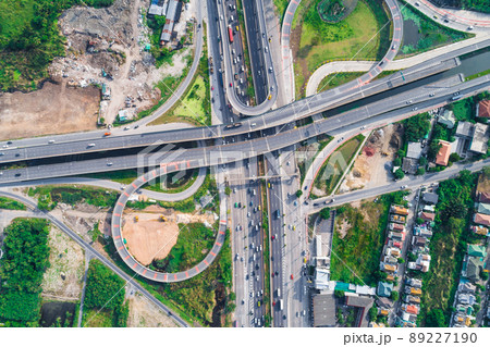 Aerial view city transport road intersection cross road 89227190