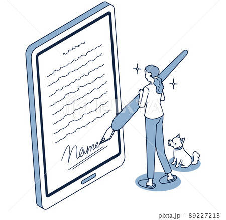 自宅でスマホを使ってオンライン署名をする女性のアイソメイラスト 89227213