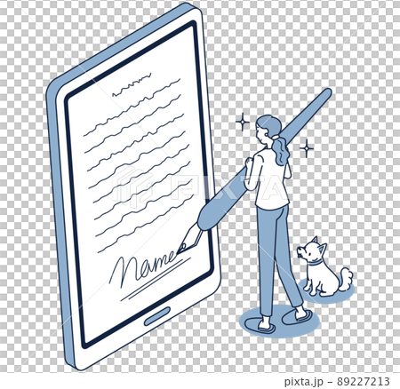 自宅でスマホを使ってオンライン署名をする女性のアイソメイラスト 89227213
