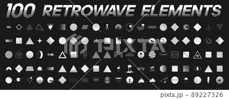 Set of retrowave design elements. Sunset, palm tree, audio cassette, striped geometric shapes, VHS sign, RETRO title, sexy woman. Pack of retrowave 1980s style design elements. Vector 89227326