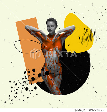 Contemporary art collage. Beautiful woman covered with orange paint posing isolated over yellow background 89228275