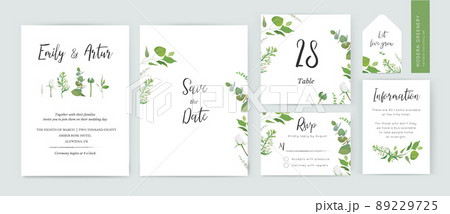 Spring floral minimalist wedding invite, save the date, rsvp, table number card design. Watercolor style white lilac flower, rose, eucalyptus branches, leaves editable, vector, botanical, illustration Spring floral minimalist wedding invite, save the date, rsvp, table number card design. Watercolor style white lilac flower, rose, eucalyptus branches, leaves editable, vector, botanical, illustration 89229725