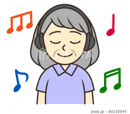 ヘッドフォンで音楽を聴く高齢の女性のイラスト素材