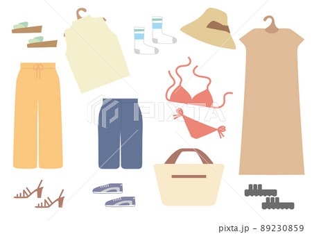 女性洋服セット2 夏物 洋服 ワンピース 半袖 ノースリーブ サンダル 帽子のイラスト素材