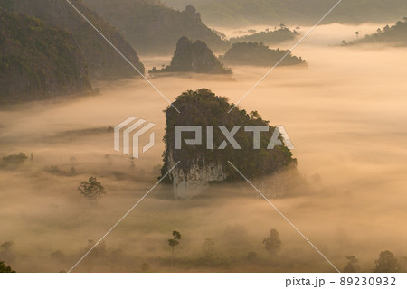 The beautiful scenery view of the limestone mountains in Phu Lung ka forest park during the sunrise located in Phayao province of Thailand. The beautiful scenery view of the limestone mountains in Phu Lung ka forest park during the sunrise located in Phayao province of Thailand. 89230932