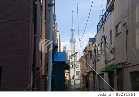 木造建築が立ち並ぶ下町とスカイツリー 89231961