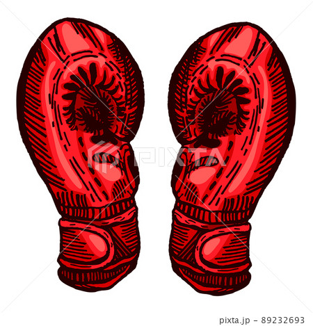 Red boxing gloves sketch in isolated white background. Vintage sporting equipment for kickboxing in engraved style. 89232693