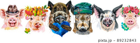 Border from pigs. Watercolor portraits of pigs and boars 89232843
