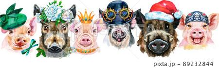 Border from pigs. Watercolor portraits of pigs and boars 89232844