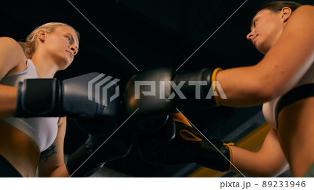 From below horizontal shot of two Caucasian women starting sparring match greeting each other From below horizontal shot of two Caucasian women starting sparring match greeting each other 89233946