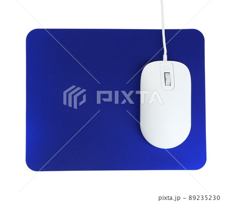 Modern wired optical mouse and blue pad isolated on white, top view 89235230