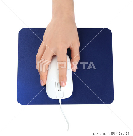 Woman with wired mouse and blue pad isolated on white, top view 89235231