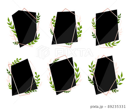 Botanical polygonal frame leafy poster black flat set. Vntage blank shape signage invitation sticker wedding event holiday. Geometric natural elegant deciduous branch delicate graphic banner isolated Botanical polygonal frame leafy poster black flat set. Vntage blank shape signage invitation sticker wedding event holiday. Geometric natural elegant deciduous branch delicate graphic banner isolated 89235331