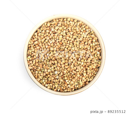 Green buckwheat in bowl isolated on white, top view Green buckwheat in bowl isolated on white, top view 89235512