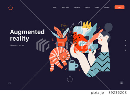 Technology Memphis -Augmented reality, modern flat vector concept digital illustration - augmented reality metaphor -woman with tablet and cat arounded by plants. Creative landing web page template 89236208
