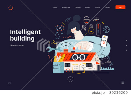 Technology Memphis -Intelligent building, modern flat vector concept digital illustration Smart house, management metaphor -woman and building resolving problems. Creative landing web page template 89236209