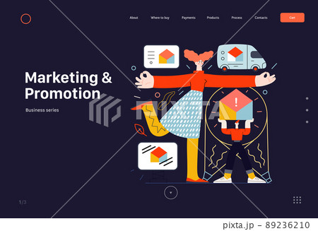 Technology Memphis -Marketing and Promotion modern flat vector concept illustration marketing metaphor, company brand promotion. Business workflow management Creative landing web page template 89236210