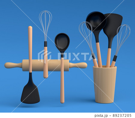 Wooden kitchen utensils, tools and equipment on blue background. 89237205