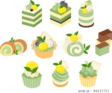 ケーキやババロアやロールケーキやタルトやカステラやカップケーキやモンブランなどの 可愛い抹茶スイーツのイラスト素材
