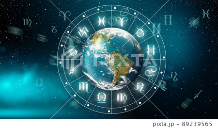 Astrological zodiac signs inside of horoscope with planet Earth. Knowledge of the stars in the sky. The power of the universe concept. Elements furnished by NASA. Astrological zodiac signs inside of horoscope with planet Earth. Knowledge of the stars in the sky. The power of the universe concept. Elements furnished by NASA. 89239565