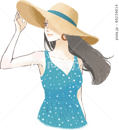 麦わら帽子をかぶる女性のイラスト素材